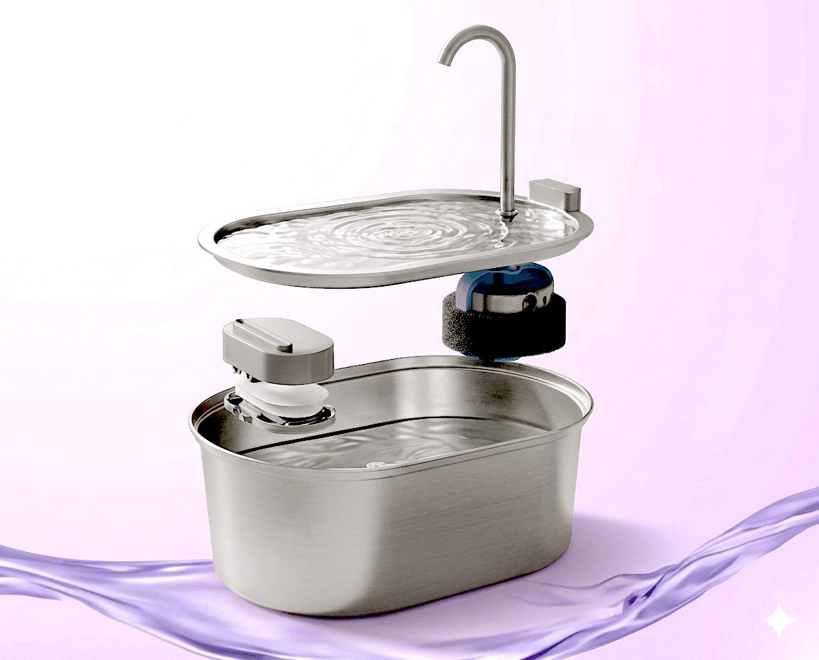 pet2pia stainless steel pet water fountain — exploded view showing filtration layers